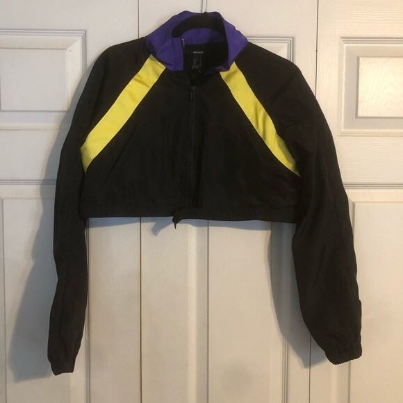 FOREVER 21 Small Black Crop Jacket Purple Yellow Black Zip-Up Belted Bat Sleeves - Picture 1 of 8